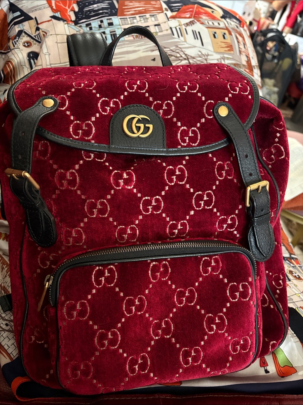 Gucci Burgundy Velvet GG Logo Backpack with Black Leather Trim